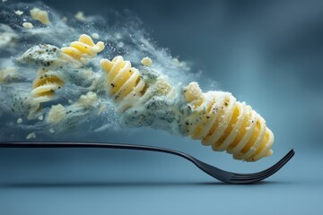 Naklejka premium Delicious pasta swirling elegantly around a fork, showcasing an explosion of flavor and texture with creamy pesto sauce and parmesan sprinkled for a mouthwatering culinary masterpiece