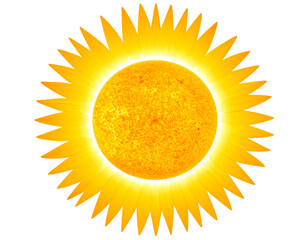 A vibrant, stylized sun with radiant yellow rays emanating from a bright golden center, symbolizing warmth and energy.