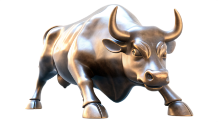a bronze wall street bull statue isolated on white background, png, ai generated