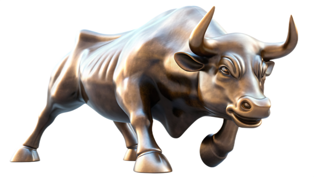 a bronze wall street bull statue isolated on white background, png, ai generated
