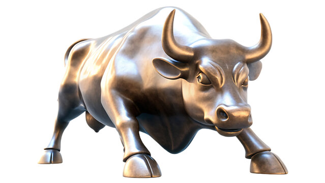 a bronze wall street bull statue isolated on white background, png, ai generated