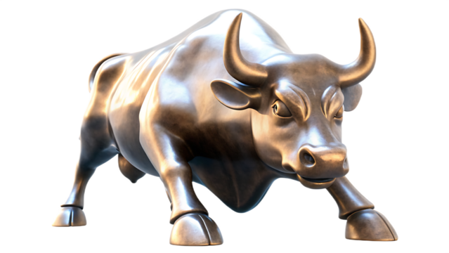 a bronze wall street bull statue isolated on white background, png, ai generated