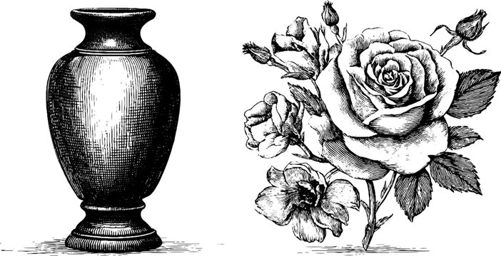 Vintage hand drawn engraving of tall narrow ceramic vase and bouquet of roses design for decor