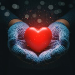 Hands in knit mittens holding a red heart shape. Love, care and relationship concept.