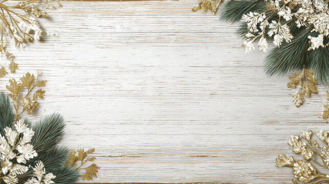 Elegant winter background featuring rustic wooden texture with decorative golden foliage and pine branches. Perfect for holiday greetings or seasonal designs
