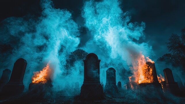 Eerie Cemetery Scene with Flames and Blue - Tinted Smoke