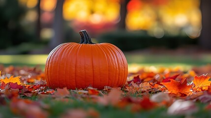 Orange Pumpkin on Fall Leaves with Blurred Background