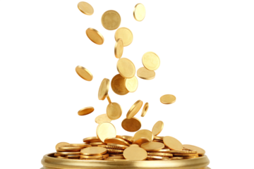 golden coins of wealth scatter like autumn leaves isolated on white background, png, ai generated