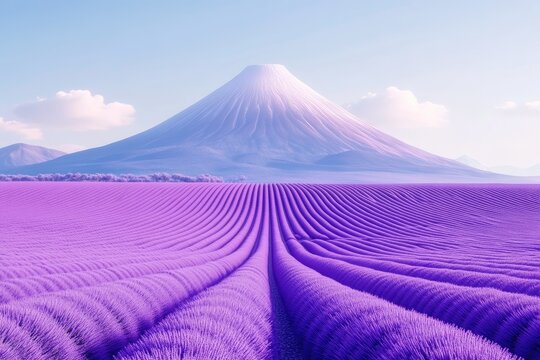 Lavender field stretches towards a majestic, snow-capped mountain