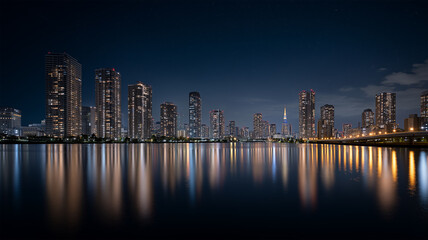 Fototapeta premium 星明かりに浮かぶ湾岸都市の夜景静かな水面反射情景図