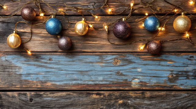 Festive holiday decorations featuring colorful ornaments in blue, gold, and brown, arranged on rustic wooden surface with warm fairy lights creating cozy atmosphere