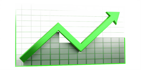 green arrow graph rising upward on grid isolated on white background, png, ai generated