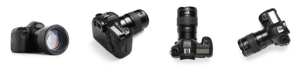 Set of professional photo camera on white background
