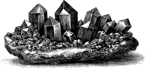 Vintage engraving of druse crystal cluster for nature design and decor
