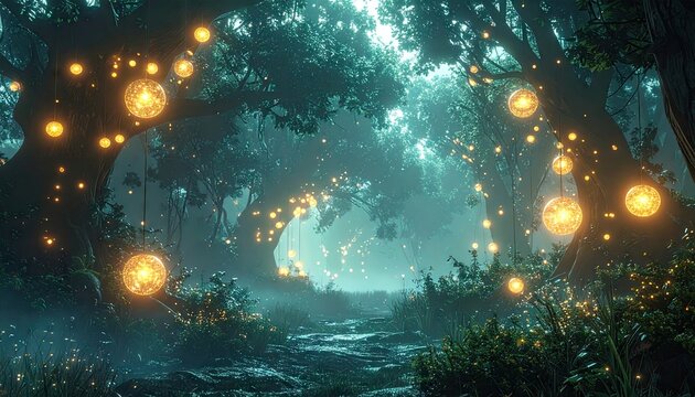Enchanted Forest Path with Glowing Lights
