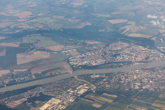 Aerial view of Komarno (Slovakia) and Komarom (Hungary) on Danube river