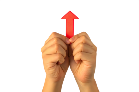 hands holding red progress arrow isolated in business isolated on white background, png, ai generated