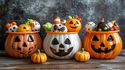 Halloween Candy in Jack - O'- Lantern Containers on Wooden Surface