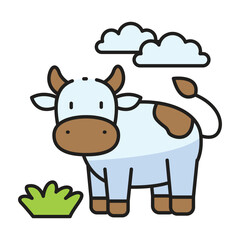 A cartoon cow with brown spots stands in grass with clouds in the sky