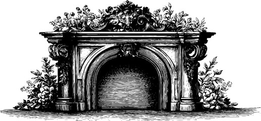 Fototapeta premium Elegant vintage fireplace mantel with floral details for interior design and home decor