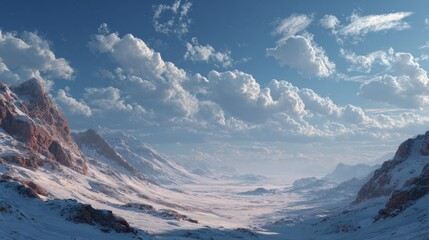 Obraz premium Serene winter panorama of snow-capped mountains under a cloudy blue sky