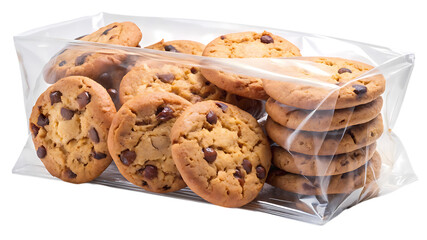 Classic chocolate chip cookies in a clear plastic bag isolated on transparent background, perfect for a quick snack or sweet indulgence