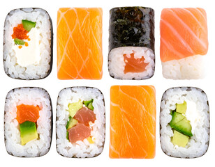 An assortment of colorful sushi rolls arranged neatly, showcasing a variety of ingredients and styles.