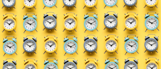 Alarm clocks on yellow background