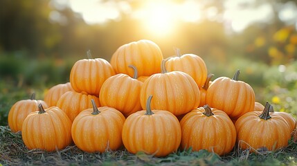 Stack of Orange Pumpkins on Grass with Sunlight in Background