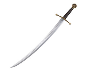 A beautifully crafted sword with a curved blade and ornate hilt, showcasing intricate design and craftsmanship.