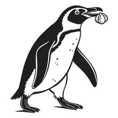 Penguin waddling with small pebble silhouette