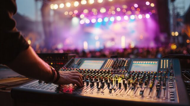 A sound engineer operates a mixing console at a live music concert. Colorful stage lights illuminate the background, creating a vibrant atmosphere. - Powered by Adobe