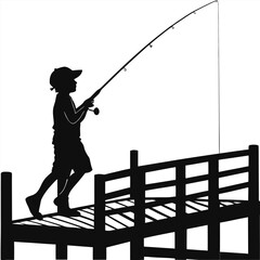Boy fishing from pier silhouette