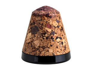 A unique cork stopper featuring a textured and a conical shape, ideal for sealing bottles and jars.