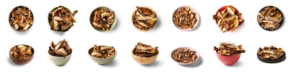 Set of tasty dried mushrooms on white background