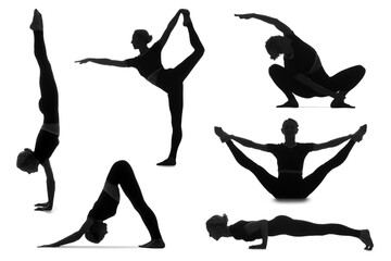 Many silhouettes of young woman practicing yoga on white background