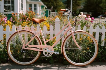 A charming pink bicycle parked by a white picket fence, adorned with vibrant flowers, evoking a sense of idyllic summer days, vintage charm, and leisurely exploration.