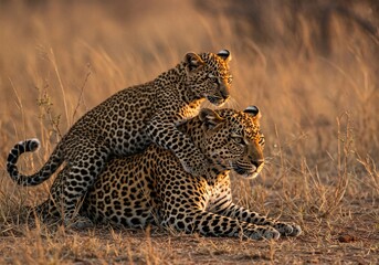 Majestic leopard mother with her playful cub in golden savanna light. Perfect for wildlife, nature, family bonds, and African safari themes.
