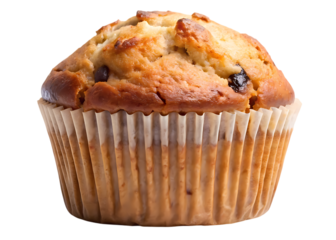 Delicious chocolate chip muffin in paper cup isolated on transparent background, perfect for breakfast or a sweet treat with coffee