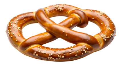 Delicious pretzel isolated on transparent background, a baked bread product made from dough shaped into a knot and sprinkled with salt or sesame