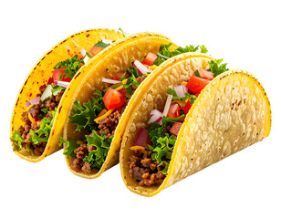 Three delicious tacos filled with seasoned meat, fresh vegetables, and vibrant toppings arranged neatly on a white background.