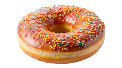 Delicious donut with caramel glaze and colorful sprinkles isolated on transparent background, a sweet treat perfect for breakfast or dessert