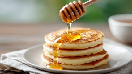 Golden honey drizzling on fluffy pancakes in outdoor setting creating delicious breakfast moment - Powered by Adobe