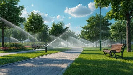 Park pathway with sprinklers and benches