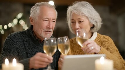 Elderly couple enjoys wine and digital tablet by candlelight in cozy setting - Powered by Adobe
