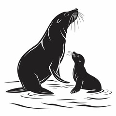 Seal nudging pup in shallows silhouette
