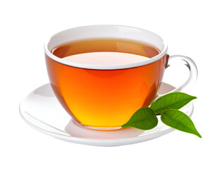 A steaming cup of tea with fresh green leaves on a white saucer, showcasing warmth and relaxation.