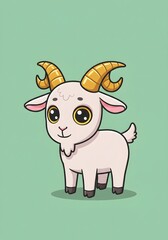 Fototapeta premium Cute Cartoon Goat Character with Big Eyes and Golden Horns