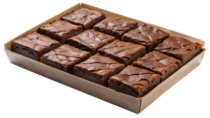 A tray of freshly baked chocolate brownies, cut into squares and arranged neatly, ready to be served as a delicious dessert or snack isolated on transparent background