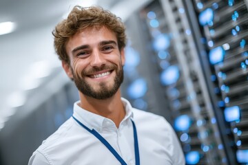 Young man with cheerful demeanor presenting technological expertise in modern data center showcasing innovative server technology creating an atmosphere of confidence and collaboration